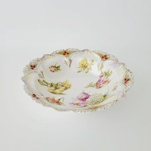 Antique White RS Prussia Floral Bowl Satin Finish Daffodils Fuchsia Hydrangea